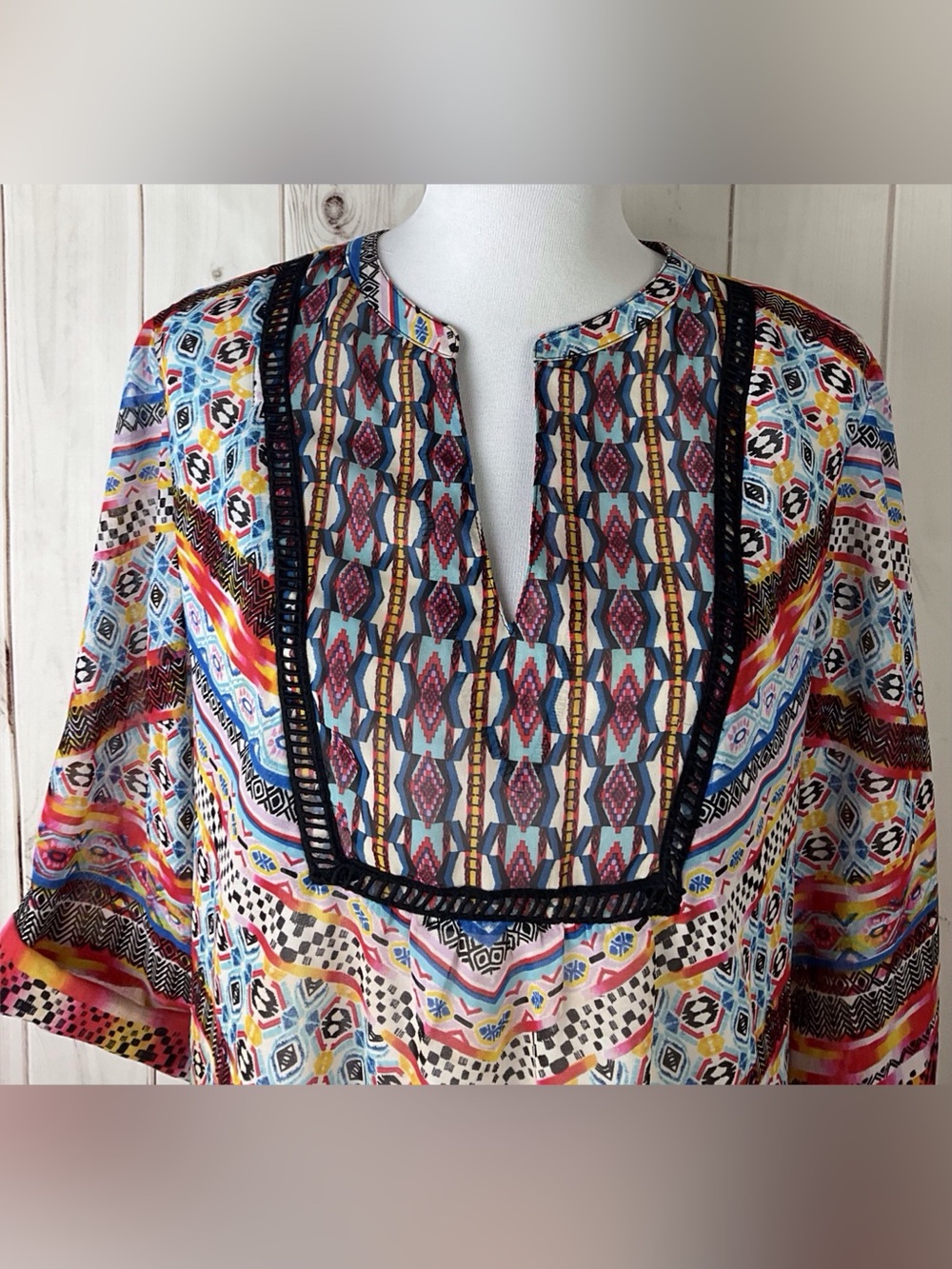 New Directions Multicolor Split V-Neck Roll Tab Sleeve Sheer Tunic Top Size XL - Picture 2 of 10
